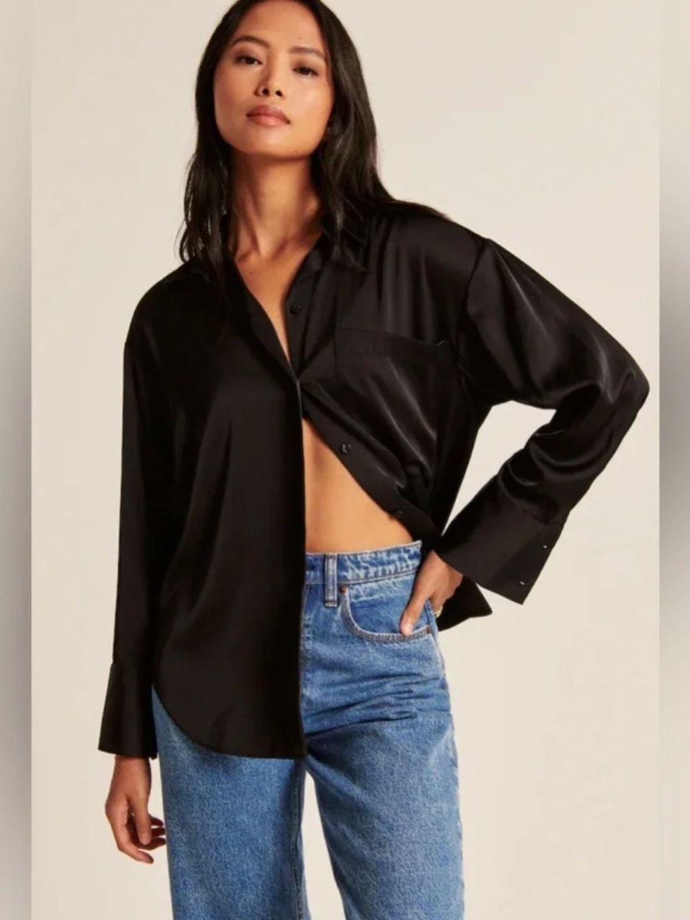 Abercrombie & Fitch Oversized Black Satin Like Long Sleeve Button-Down Blouse